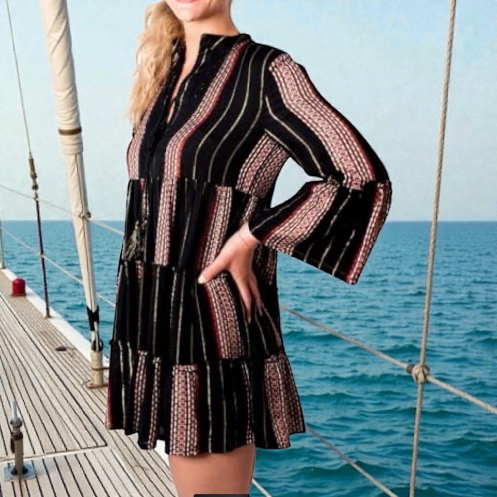 Turks & Caicos Boho Loose Flowy Tunic Short Cute Embroidered Shift Dress